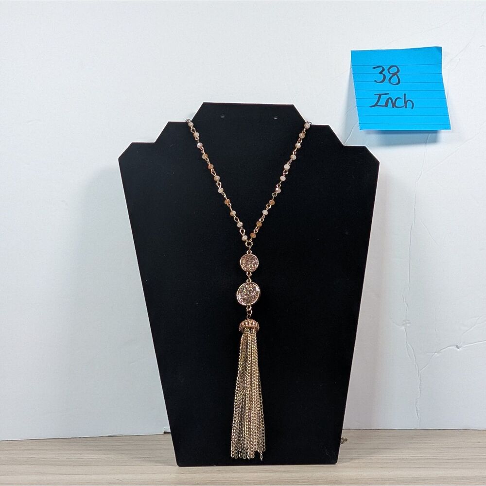Rose Gold Tone Tassel Necklace Rhinestone Pendant Long 38 Inch Chain